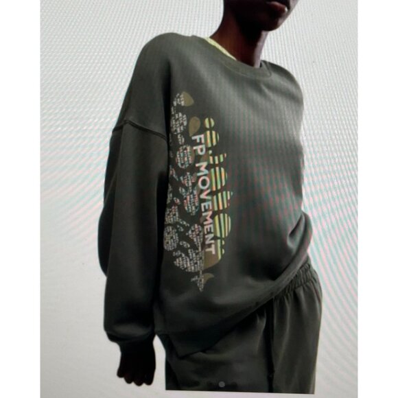 FP Movement Olive Green Oversized Sweatshirt W/ Abstract Graphic Design Sz L - Picture 1 of 16